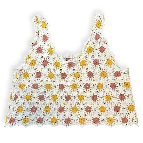 NEW IN Women’s White Yellow Rust Sleeveless Crochet Daisy Crop Tank Top Size M / - Picture 4 of 8